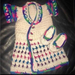 One of a kind crochet white dress with colorful details and matching slippers